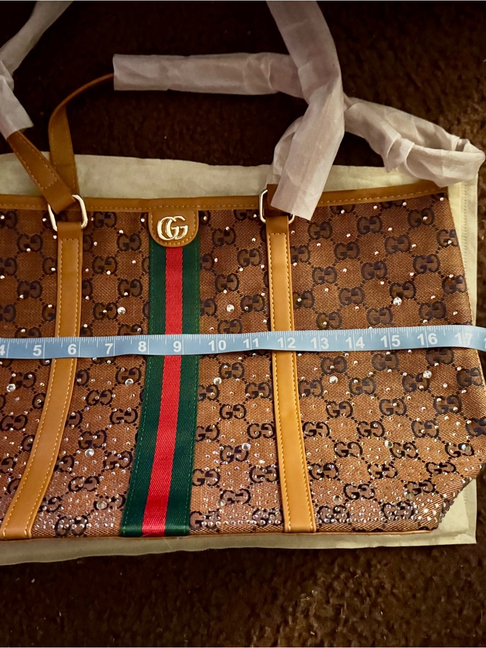 Brown Canvas Tote with Green and Red Web Stripe and Gold Hardware - Picture 3 of 10